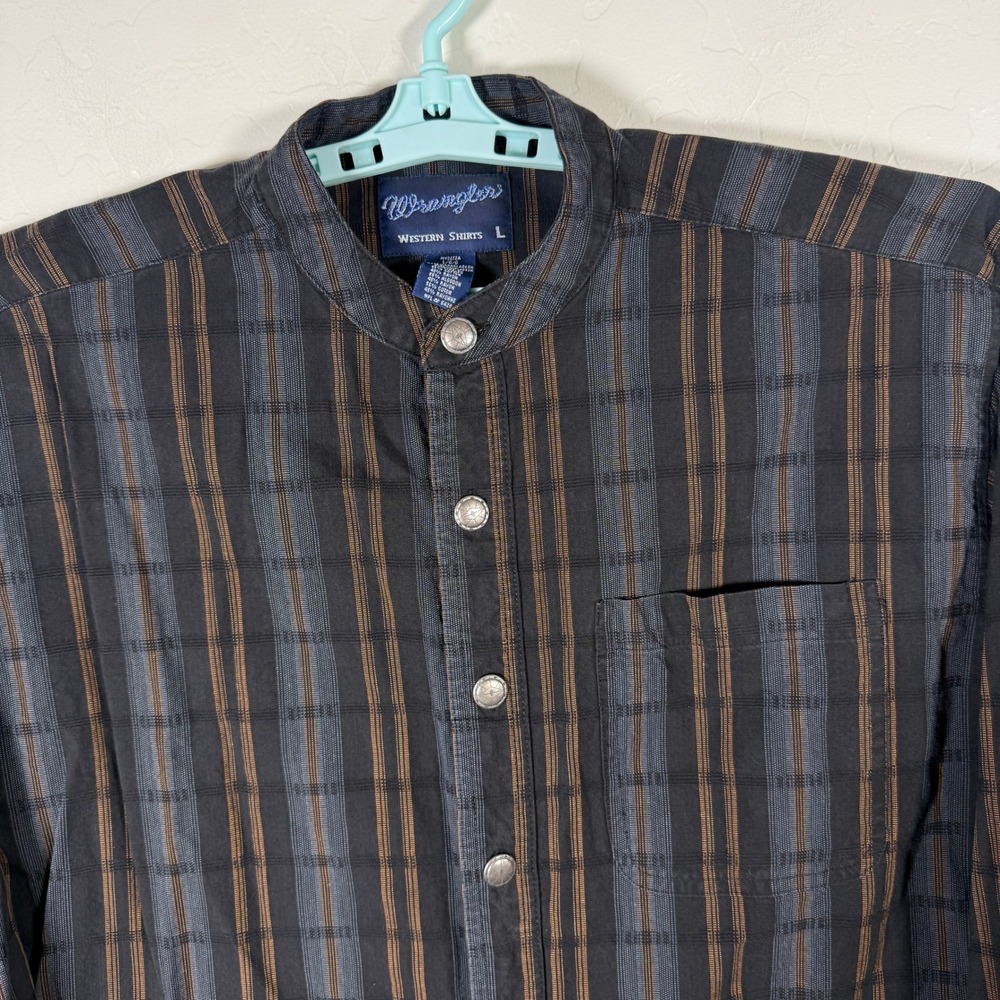 Wrangler Shirt Mens Large Black Striped Banded Collar Button Up Western Cowboy